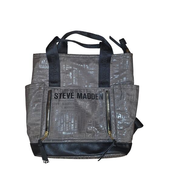 EUC Steve Madden olive green black, logo, med back pack, top zip, pockets - Picture 3 of 9